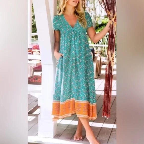 strapless open back dress turquoise orange patterned skirt with fringes, summer dress, elf dress   Sanuka